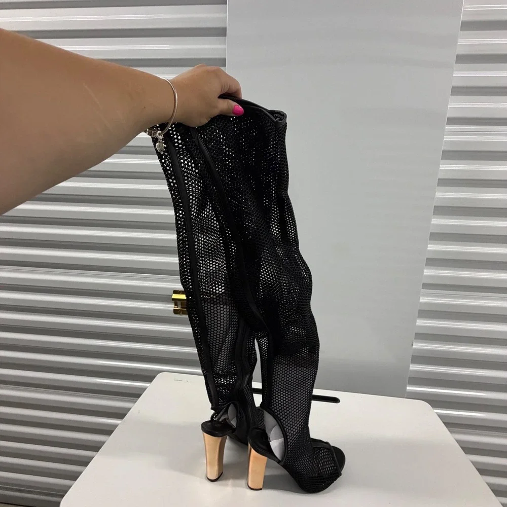 Bamboo Black Fishnet Mesh Thigh High Boots Rose Gold Block Heel Open Toe Size 8